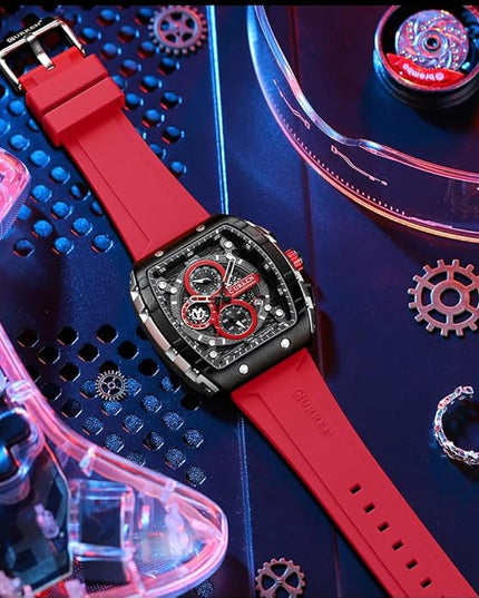 PASOY Luxury Chronograph Watches for Mens Rubber Strap Black Waterproof Date Analog Quartz Watch