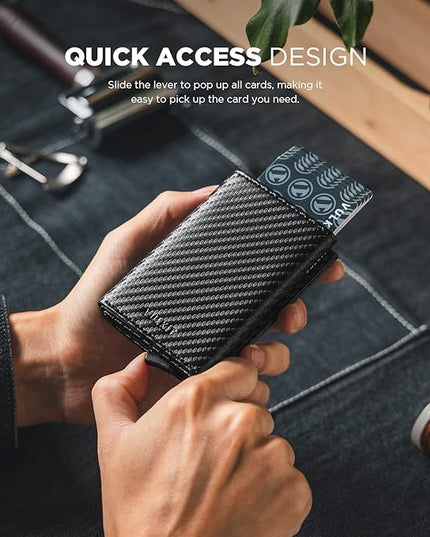 VULKIT Pop up Card Wallet Minimalist Cash Wallets RFID Blocking Leather Smart Credit Card Holder with ID window for Men (Carbon Black)