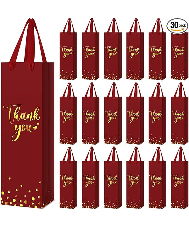 Ctosree 30 Pcs Wine Bottle Gift Bag with Handle 4.3x3.5x13.7 Liquor Paper Bag for Thank You Favor Gold Foil Kraft Whiskey Tote Carrier for Wedding Birthday Bridal Valentine's day Party(Burgundy)