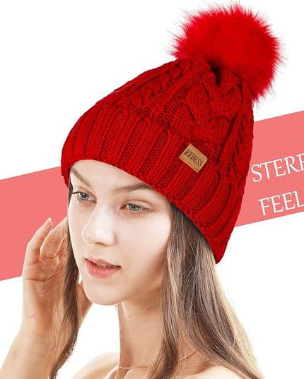 REDESS Women Winter Pompom Beanie Hat with Warm Fleece Lined, Thick Slouchy Snow Knit Skull Ski Cap