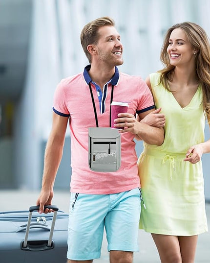 RFID Blocking Travel Neck Wallet Pouch and Passport Holder, Travel Neck Pouch Passport Holder for Women & Men - Gray
