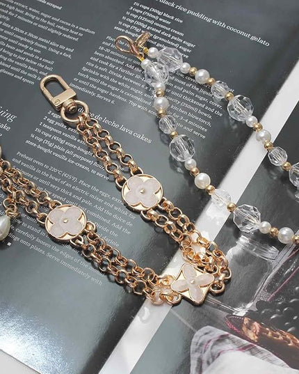 Pearl Beaded Phone Charm Wrist Strap,Cute Bracelet Wristlet Lanyard,Gold Double Chain for Phone Case,Purse Bag Wallet