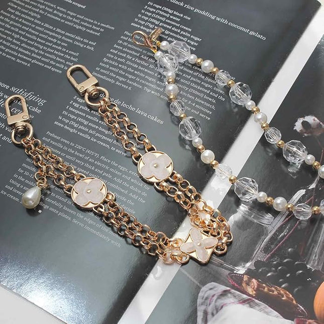 Pearl Beaded Phone Charm Wrist Strap,Cute Bracelet Wristlet Lanyard,Gold Double Chain for Phone Case,Purse Bag Wallet
