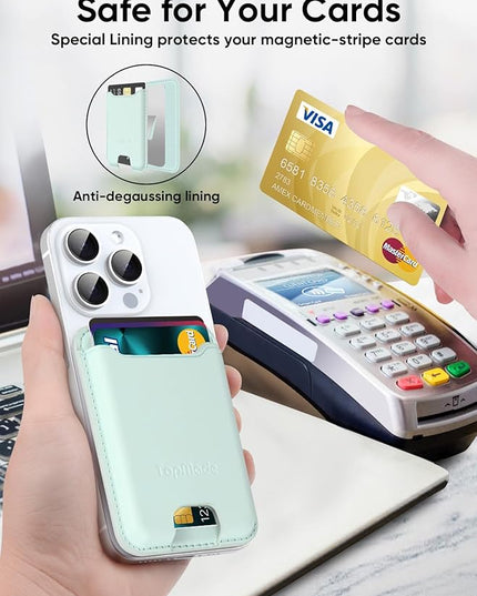 TopMade Phone Card Holder, Premium Leather Phone Wallet Stick on, Stronger 3M Adhesive Credit Card Holder for Back of Phone Case, iPhone, Samsung, and Android, RFID Blocking, Fit 4 Cards, Green