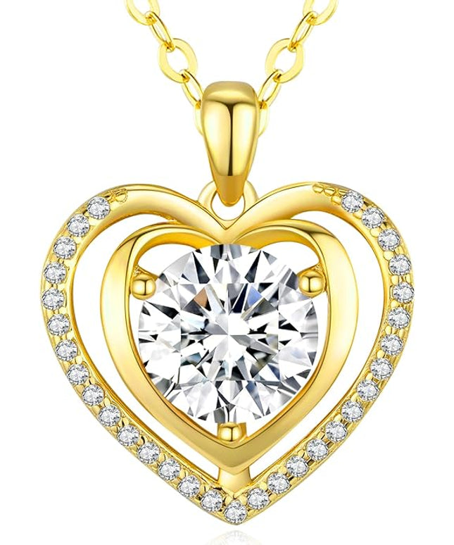 Heart Pendant Gold Necklace for Women Moissanite Lab-Created Gem I Love You Wedding Anniversary Birthday Christmas Valentine Engagements Mothers Day Jewelry for Wife Her Girlfriend Mom Daughter