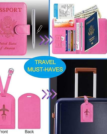 Passport Holder With Luggage Tag Cover Wallet RFID Blocking Leather Case Travel Essentials Accessories Travel Must Have(114#Pink)