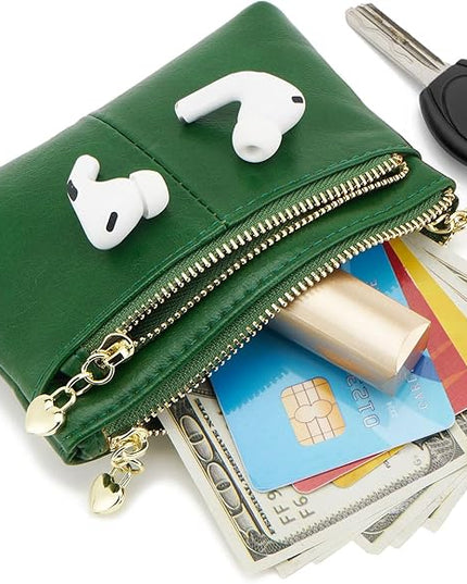 ZOOEASS Women PU Leather Zip Mini Coin Purse With Key Ring Triple Zipper Card Holder Wallet(Green)