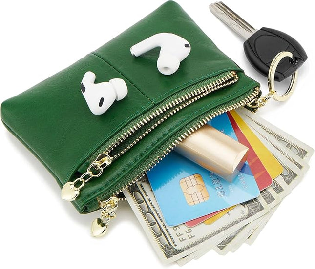 ZOOEASS Women PU Leather Zip Mini Coin Purse With Key Ring Triple Zipper Card Holder Wallet(Green)