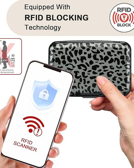 ELFISH Mini RFID Aluminum Wallet Credit Cards Holder Business Card Case Metal ID Case for Men Women(Black Leopard Print)