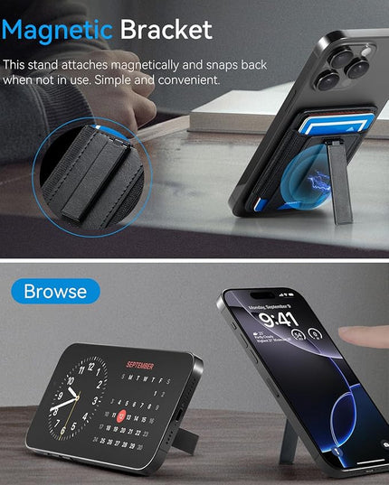 BIAJIYA Phone Wallet Sticky Back with Stand - Holds 6 Cards for iPhone & Samsung, Ultra Thin Leather & Stretch Fabric Card Holder (LiBlack)