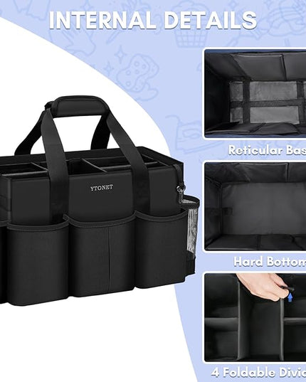 Ytonet Extra Large Cleaning Caddy Bag with 4 Foldable Dividers, Wearable Cleaning Caddy Organizer with Handle & Shoulder Strap & Waist Strap, Housekeeping Tote for Cleaners, Black Grey