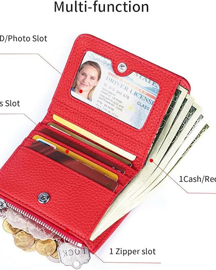 ilovever Small Wallet Women Soft Leather RFID Blocking Card Holder with Zipper Pocket Bifold wallet,Red