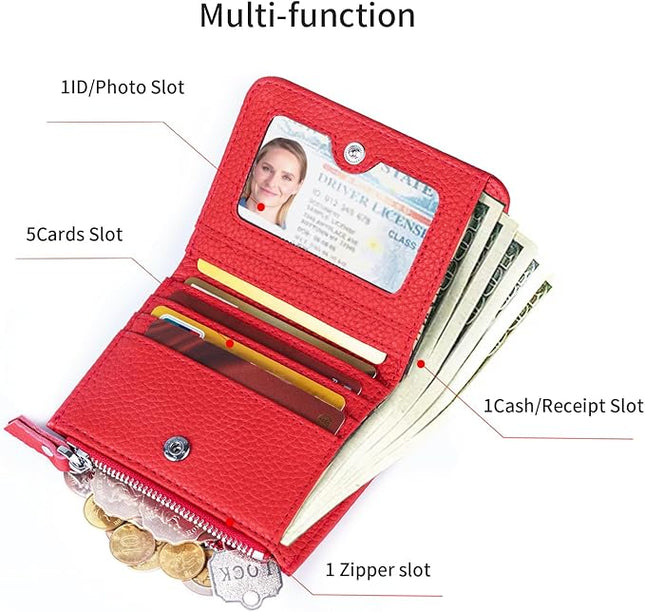 ilovever Small Wallet Women Soft Leather RFID Blocking Card Holder with Zipper Pocket Bifold wallet,Red