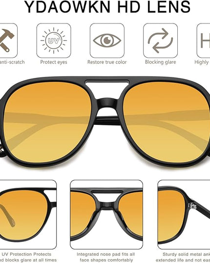 YDAOWKN Retro Square Aviator Sunglasses for Womens Mens Vintage 70s Double Bridge Sun Glasses