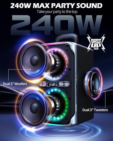 Party Bluetooth Speaker - 240W Peak Loud Speaker, Dazzling Light Show, Deep Bass, IPX4 Waterproof, 15H Battery, TWS Pairing, BT 5.3 Wireless, Portable for Home/Outdoor/Beach/Pool Party