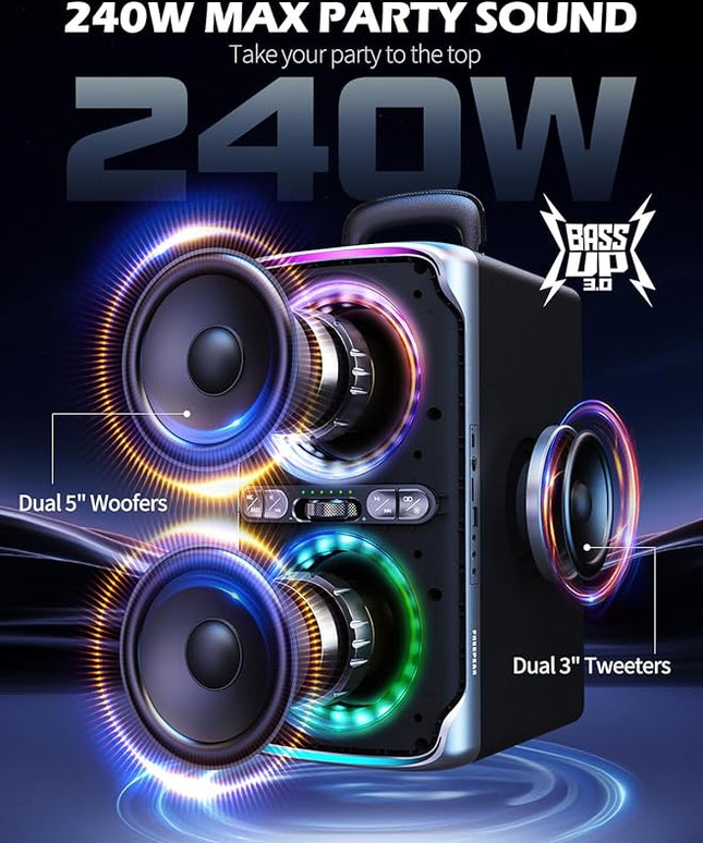 Party Bluetooth Speaker - 240W Peak Loud Speaker, Dazzling Light Show, Deep Bass, IPX4 Waterproof, 15H Battery, TWS Pairing, BT 5.3 Wireless, Portable for Home/Outdoor/Beach/Pool Party