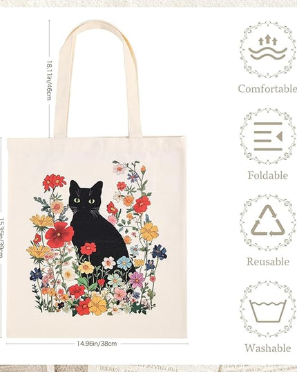 Women's Canvas Tote Bag - Black Cat Print Canvas Tote with Inner Pocket, Large Shoulder Bag for Gym,College,Library,Shopping