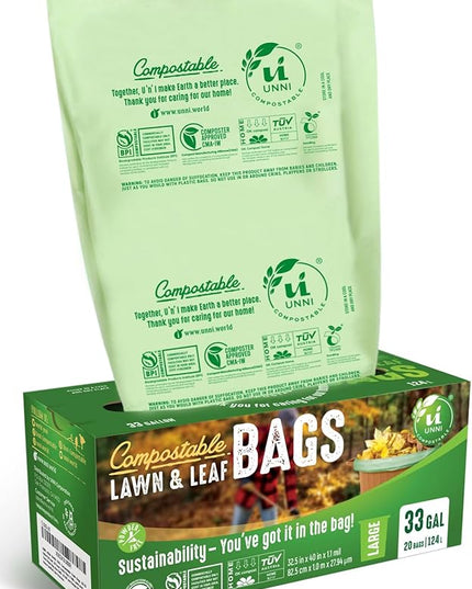 UNNI Compostable Lawn & Leaf Bags, 30-33 Gallon / 124 Liter, 40 Count Value Pack, Extra Thick 1.1 mil Yard Waste & Food Scrap Liners, BPI, CMA & OK compost HOME Certified (Meets ASTM D6400)