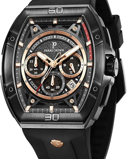 Paras Crown Watches for Men Tonneau 5ATM Waterproof Quartz Luxury Chronograph Analog Men's Wrist Watches Stainless Steel Case Mens Watches