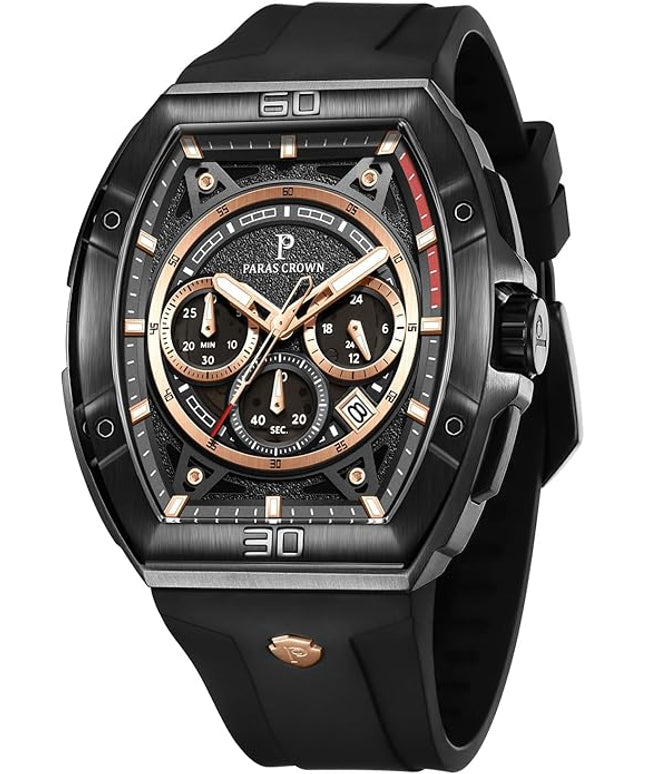 Paras Crown Watches for Men Tonneau 5ATM Waterproof Quartz Luxury Chronograph Analog Men's Wrist Watches Stainless Steel Case Mens Watches