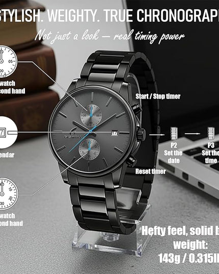 Stylish Stainless Steel Chronograph Watches for Men with a Hefty, Solid-Build Feel — Waterproof Quartz Mens Watches with Auto Date & Second Subdials, Valentines Day Gifts for Him, Boyfriend, Husband, Dad