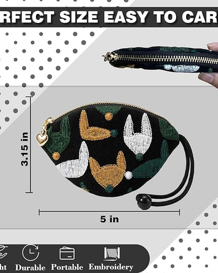 Embroidered Small Coin Purse for Women Girl,Vintage Cute Wallet Zipper Pouch,Handmade Aesthetic Oval Change Purse for Coins,Air-Tag,Small Jewelry Key with Pull-Out Key Ring