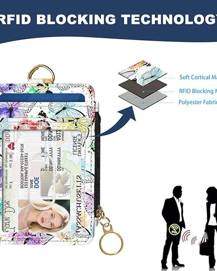 Slim Wallet Credit Card Holder, Watercolor Butterfly, RFID Wallet Women Cute Small Front Pocket Wallet With Zipper, PU Leather Thin travel RFID Blocking Card Case ID Window,Ladies Gifts