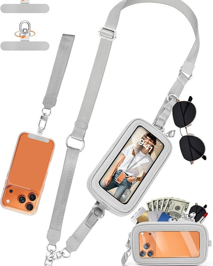 takyu Clip and Go Strap for Phone with Wallet Crossbody, 4-in-1 Hands-Free Phone Lanyard with Detachable Wallet Wristlet Strap, Convertible Crossbody Bags with ID Window for Women Travel, Grey