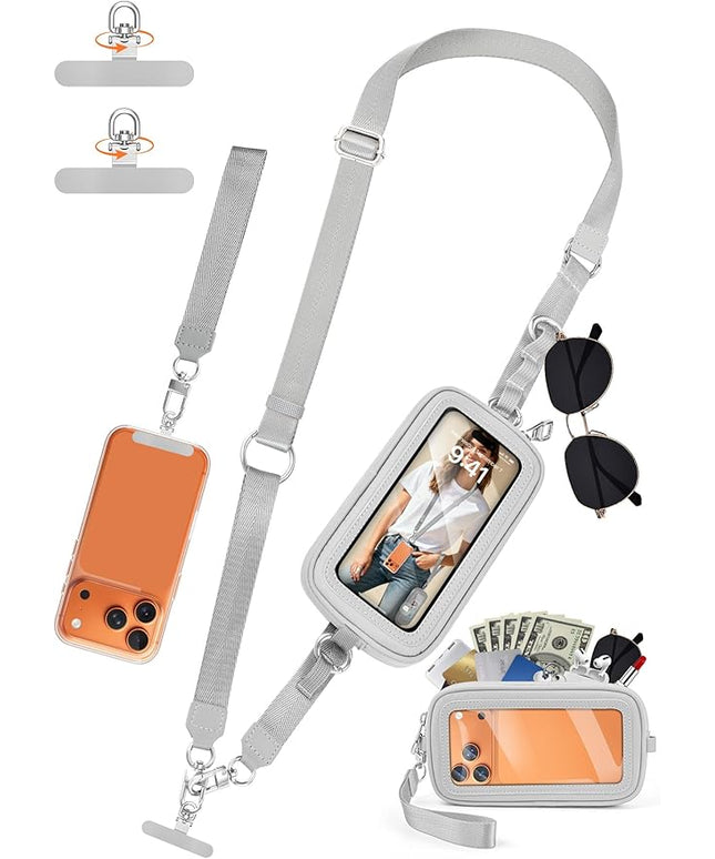 takyu Clip and Go Strap for Phone with Wallet Crossbody, 4-in-1 Hands-Free Phone Lanyard with Detachable Wallet Wristlet Strap, Convertible Crossbody Bags with ID Window for Women Travel, Grey