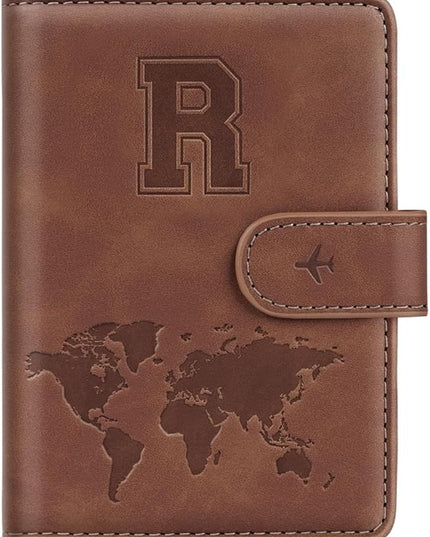 Passport Holder Wallet Cover Personalized Letter A-Z Travel Wallet RFID Blocking Passport Cover Wallet Case for Travel Passport Book Holders for Women and Men, Brown-R