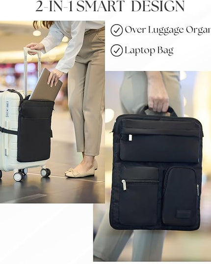 BAREFOOT CARIBOU Over Luggage Organizer for Carry On Bag or Suitcase with Storage Pockets, 16” Laptop Sleeve with Handle, Travel Accessories Bag Slide On Luggage Harness with Adjustable Straps (Black)
