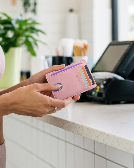Buffway Slim Minimalist Front Pocket RFID Blocking Leather Wallets for Men and Women - Alaska Pink