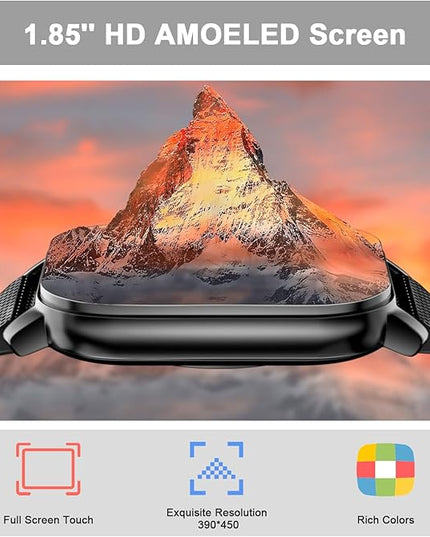 Smart Watch for Men Women, 1.85'' AMOLED HD Fitness Watch with 120+ Sports Modes, Bluetooth Call/Heart Rate/Sleep Monitor/Pedometer, Smartwatch for Android iOS, IP68 Waterproof, Black