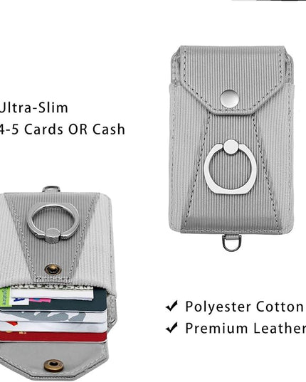 Cell Phone Case, Grey - Slim Wallet with Card Slot, 360 Degree Rotation Ring Stand & Neck Strap, Adhesive Stick-on Credit Card Holder