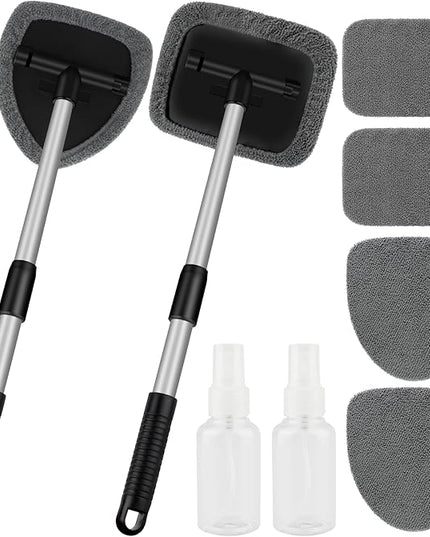 Windshield Cleaner Tool, Car Interior Window Cleaning Tool, Car Wash kit with 4 Reusable Microfiber Pads, 2 Extendable Handle and 2 Spray Bottles, Glass Wiper Kit for Windshield, Home Windows
