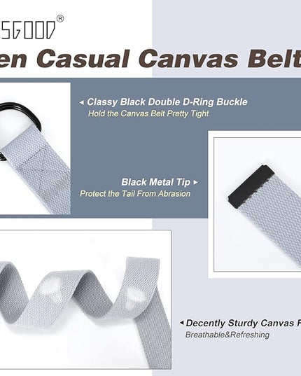 JASGOOD Men Canvas Belt Web Fabric Casual Belt with Black Double D-ring 1 1/2" Wide Set of 2