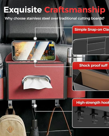 3-in-1 Car Backseat Organizer with Cup Holder, Tissue Box, Trash Bin & Hooks,Multifunctional Back Seat Car Organizer for Hold Phones, Snacks, Drinks, and Handbags (A- Red)