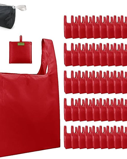 BeeGreen Christmas Red Reusable Grocery Bags Wholesale Red Reusable Kitchen Bags Bulk Foldable-Machine Washable with Zipper Storage Pouch 50 Packs