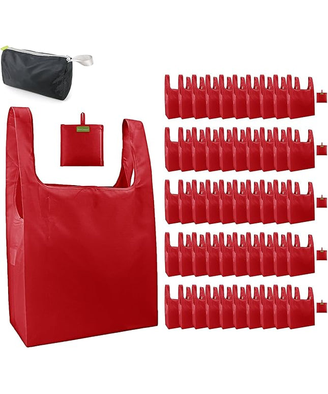 BeeGreen Christmas Red Reusable Grocery Bags Wholesale Red Reusable Kitchen Bags Bulk Foldable-Machine Washable with Zipper Storage Pouch 50 Packs