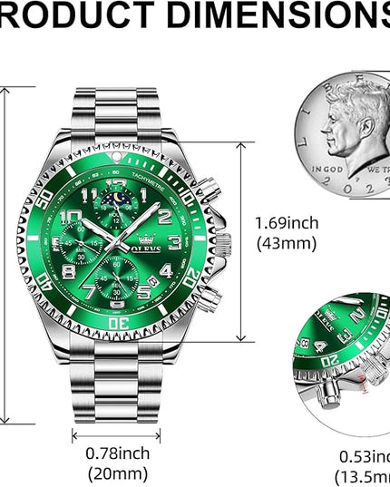 OLEVS Mens Watches Chronograph Watch Luxury Dress Stainless Steel Waterproof Watches for Men Moon Phase Luminous Business Calendar Wrist Watch Blue/Black/Green/Gold/Face