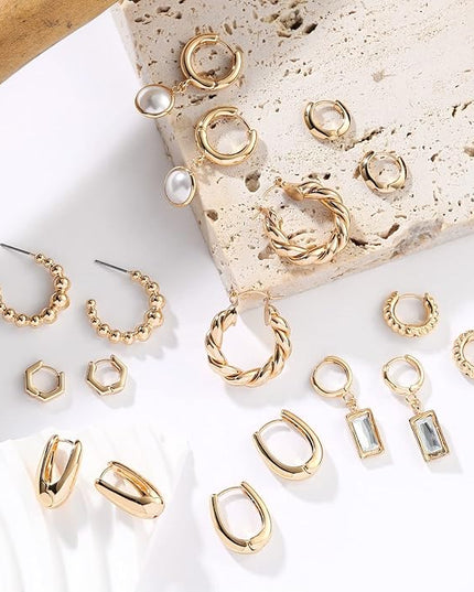 9 Pairs Gold Chunky Hoop Earrings Set for Women, 14K Gold Plated Twisted Huggie Hoop Earring Hypoallergenic, Lightweight Thick Open Hoops Earrings Jewelry Gifts.