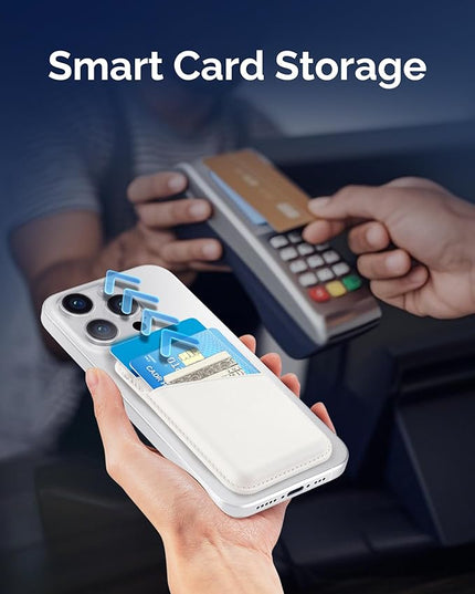 SS Magnetic Card Wallet Compatible with iPhone 16 15 14 13 12 Pro Max Plus Series - Strongest Magnetic Leather Card Holder Stick on for Apple Cell Phone, Mag Safe Wallet for Women Men (White)