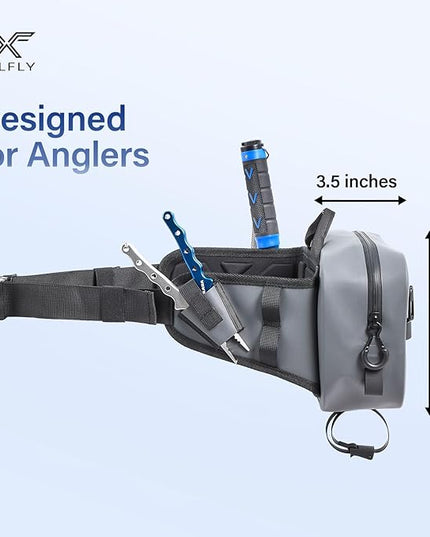 Xelfly Waterproof Fishing Waist Bag with Rod Holder, Padded Waist Straps & Gear Loops - Submersible Zipper, Rugged Top Handle, Adjustable Attachments (Gray)