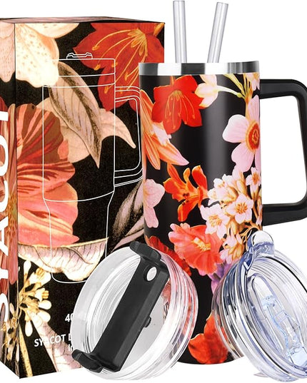 SYACOT 40 oz Tumbler with Handle and Straw Stainless Steel Insulated Tumbler Leak Proof Lid and Straw Lid Reusable Travel Mug Coffee Mug Cup Dishwasher Safe Keep Drinks Cold and Hot (Jasmine)