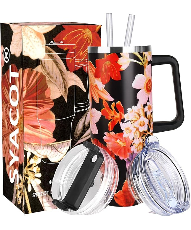 SYACOT 40 oz Tumbler with Handle and Straw Stainless Steel Insulated Tumbler Leak Proof Lid and Straw Lid Reusable Travel Mug Coffee Mug Cup Dishwasher Safe Keep Drinks Cold and Hot (Jasmine)