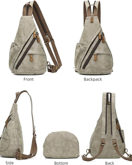 KL928 PU Leather Sling Bag - Small Crossbody Backpack Shoulder Casual Daypack Rucksack for Men Women(Olive Green)