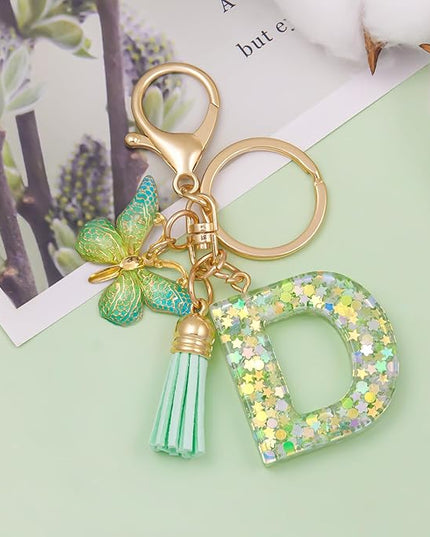 Fashion Alphabet Initial Letter Keychain Tassel Butterfly Pendant Key Ring for Purse Handbags Women Girl