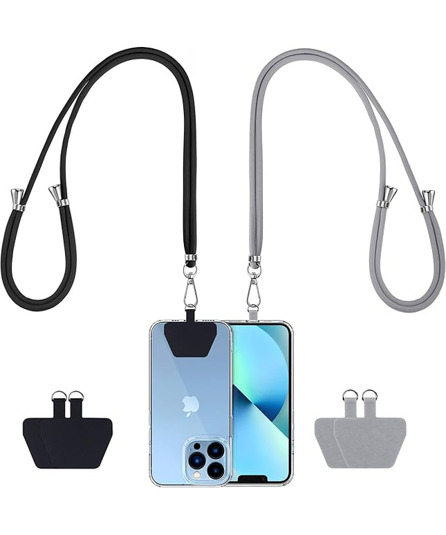 CACOE Phone Lanyard 2 Pcs-2 Pcs Adjustable Neck Strap,4 Pcs Patches,Universal Crossbody Multifuctional Cell Phone Lanyards Compatible with Most Smartphones(Black+Light Gray)