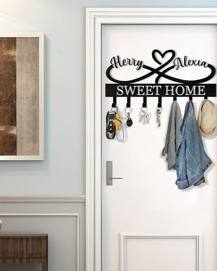 KAINSY Personalized Key Holder for Wall, Custom Key Rack Coat Rack with Couple's Name, Metal Key Holder Wall Mount, Key Hooks Wall Hanging for Bedroom Hallway Home Decor, Wedding Housewarming Gifts
