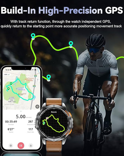 LIGE GPS Smart Watches for Men, Bluetooth Call, LED Flashlight, Compass, 1.43" AMOLED Fitness Watch with Heart Rate/Sleep Monitor, 100+ Sports Modes, iOS Android Compatible, Military Outdoor, Brown